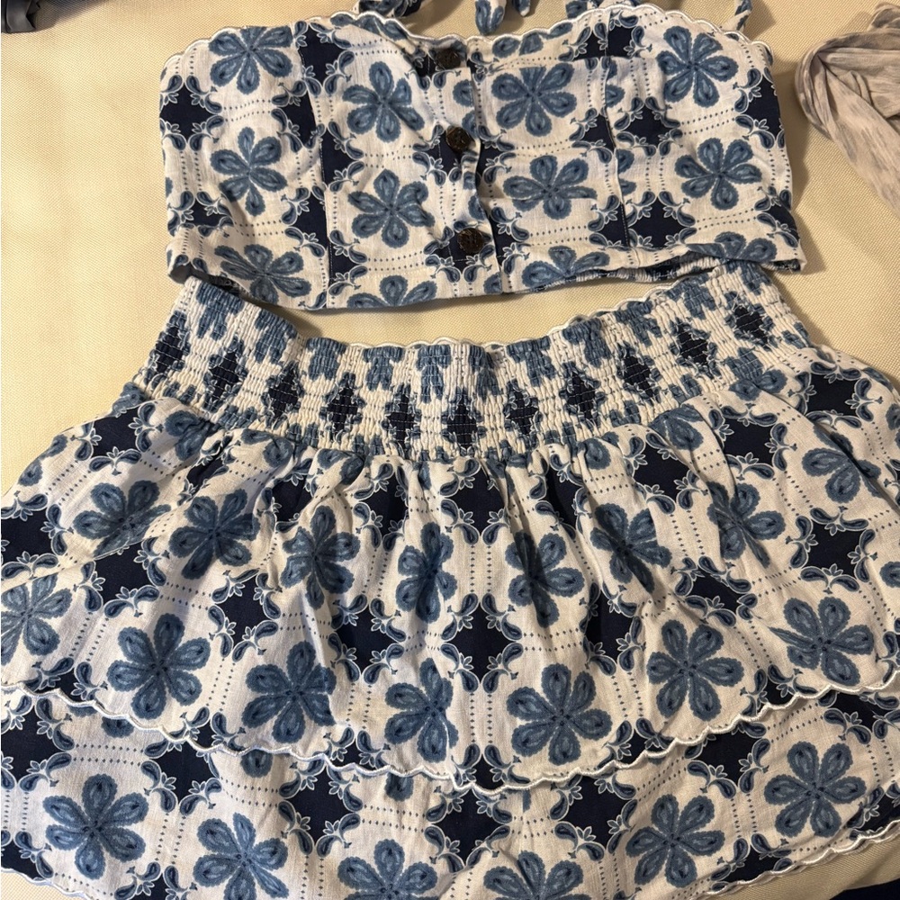 Agua Bendita x Target Blue and White Floral Embroidered Smocked Skirt Set